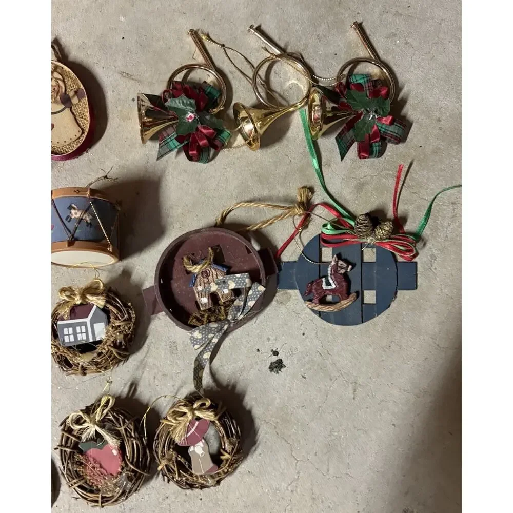 Vintage Wooden Christmas Ornaments Horns Bird Nest Baskets Brooms Stocking